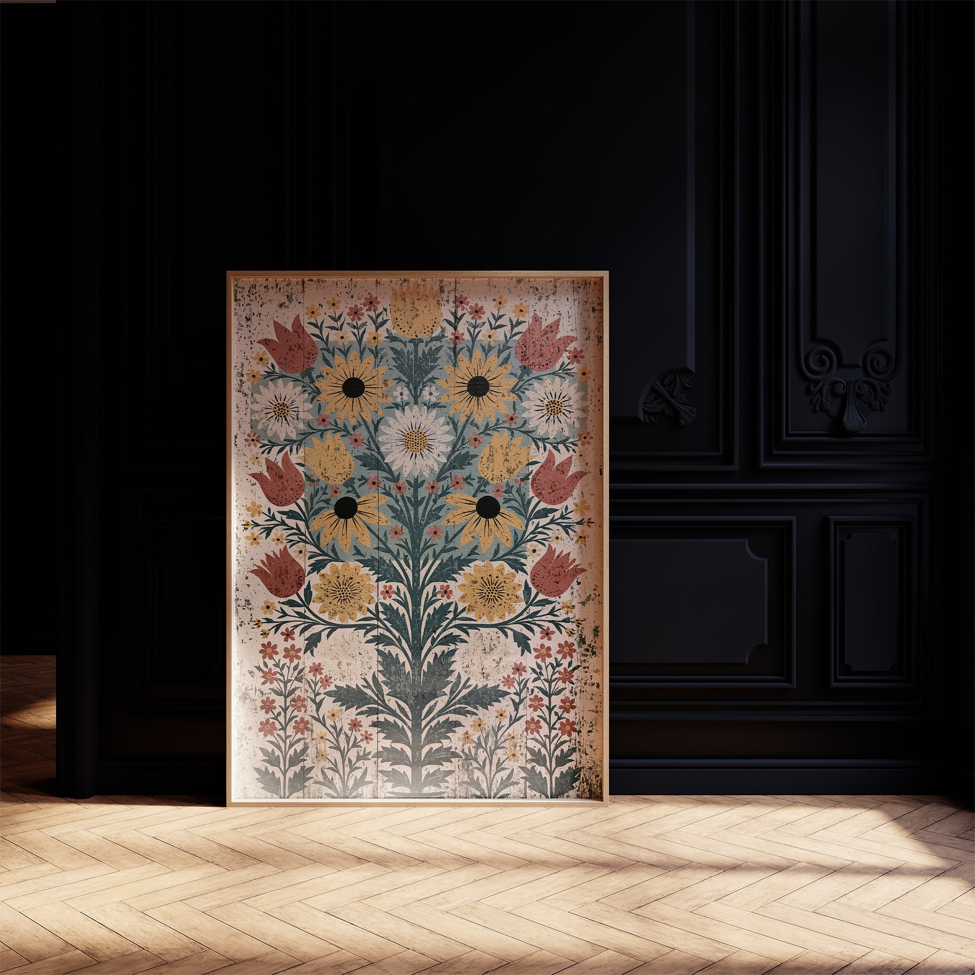 Black-Eyed Susans on Weathered Wood