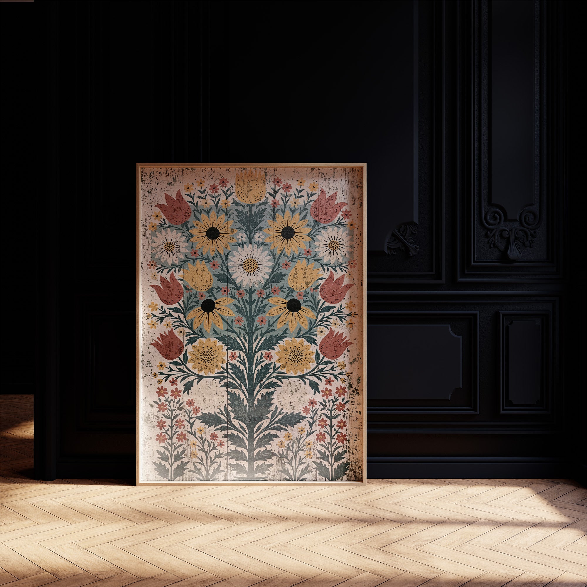 Black-Eyed Susans on Weathered Wood
