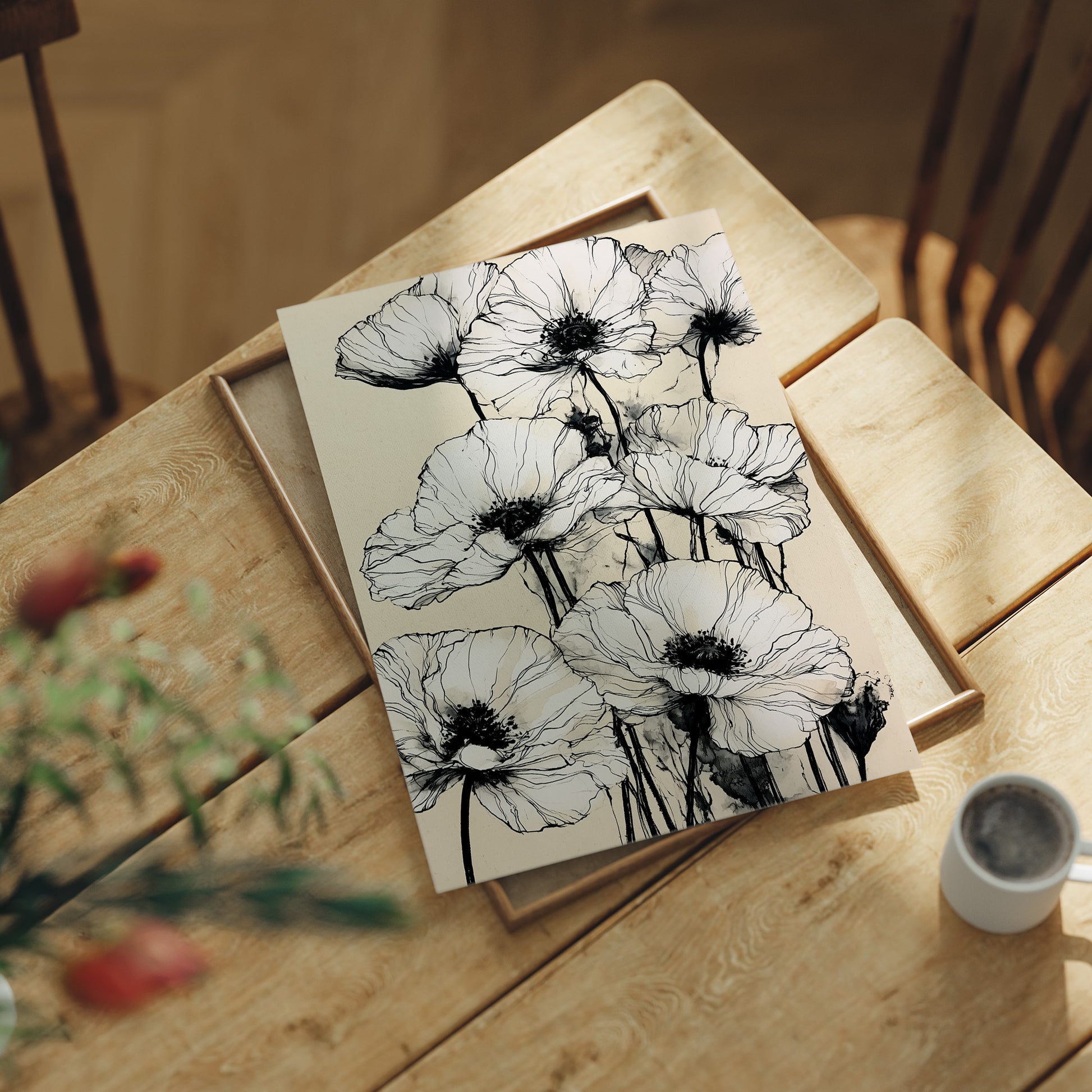 Botanical Poppies in Ink Wash