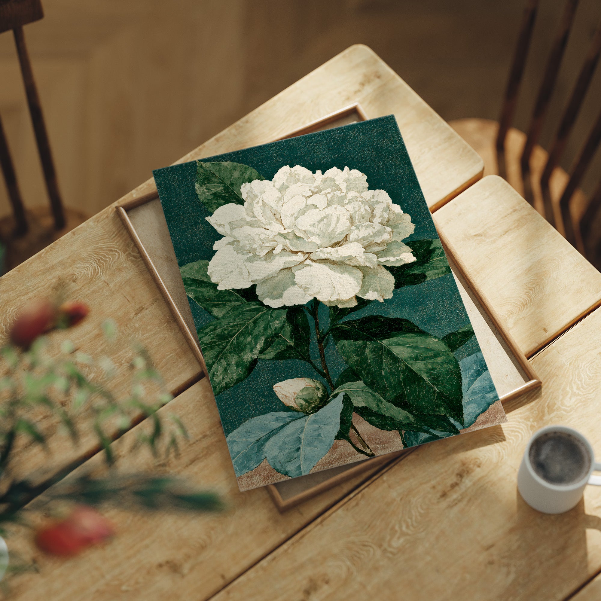 White Bloom on Cracked Teal Canvas