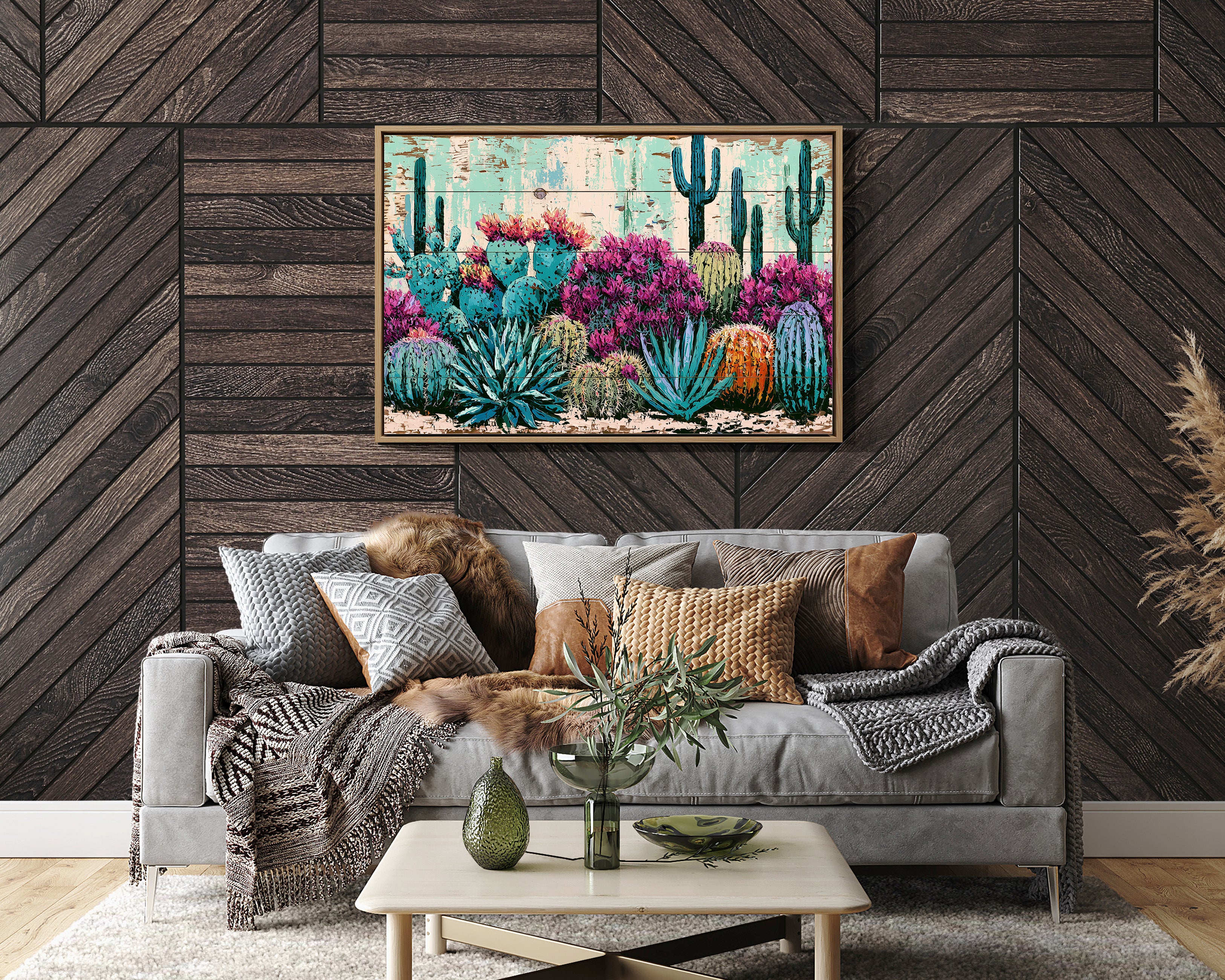 Turquoise Cactus and Fuchsia Blooms