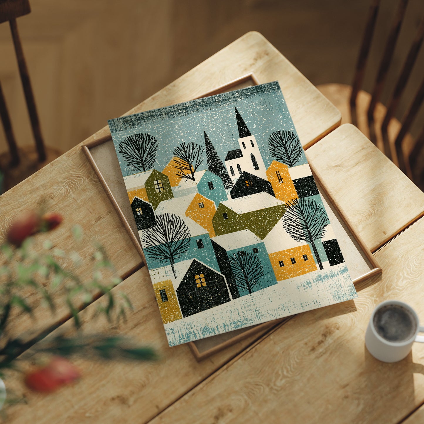 Snowy Village in Mustard & Teal