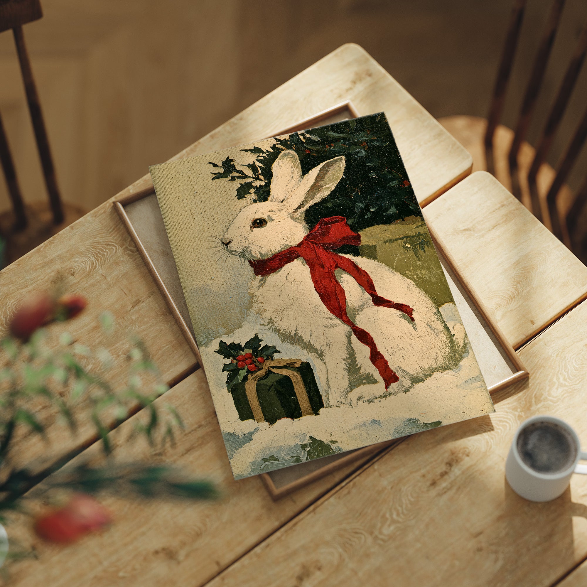 Oil-Painted Bunny with Red Ribbon