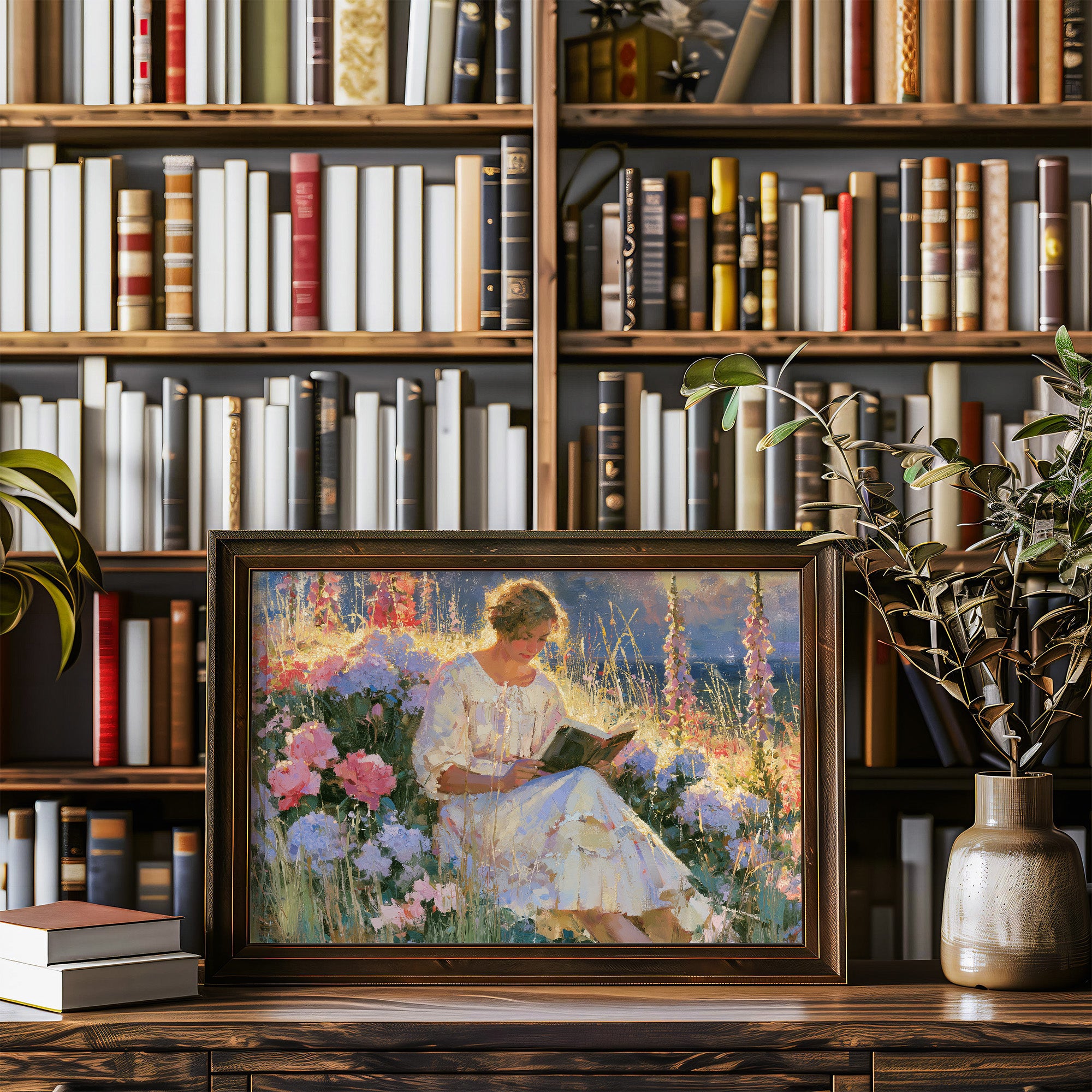 Reading Among Hollyhocks