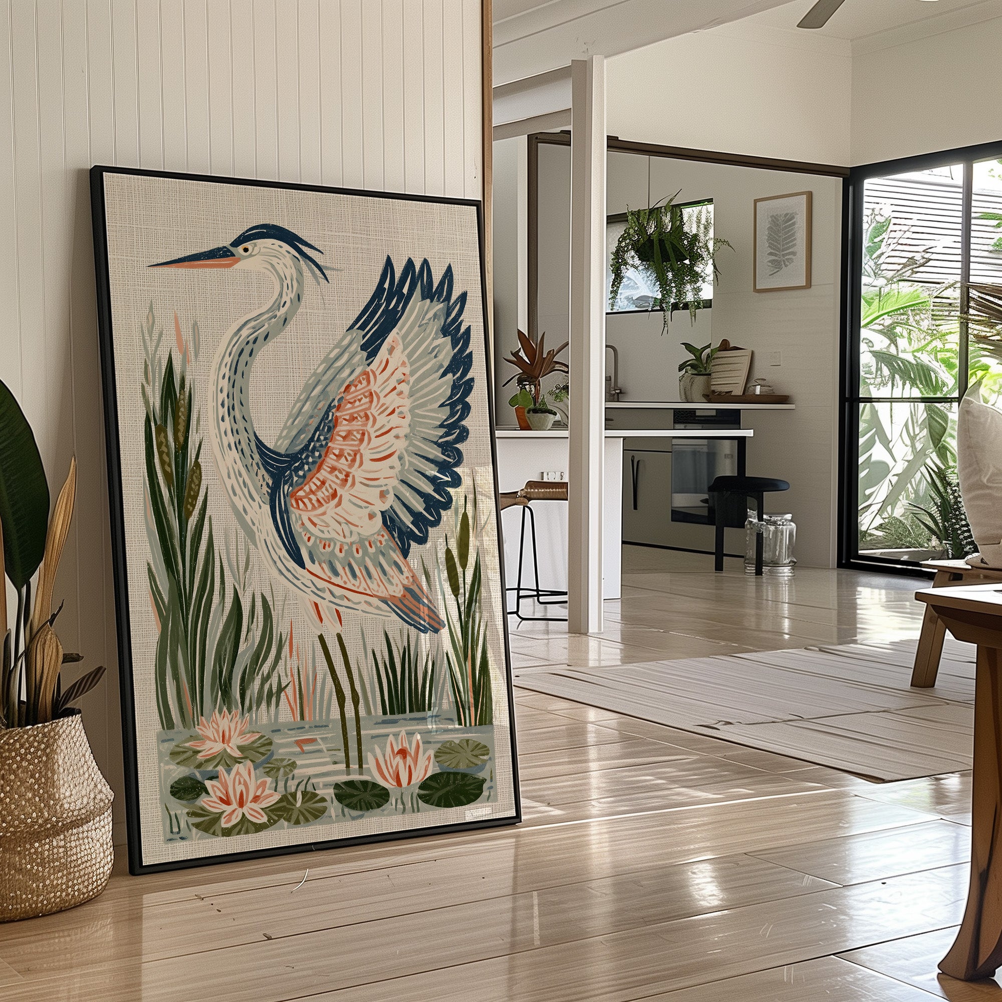 Heron Stretching Toward The Lilies