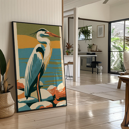 Great Blue Heron in Retro Print