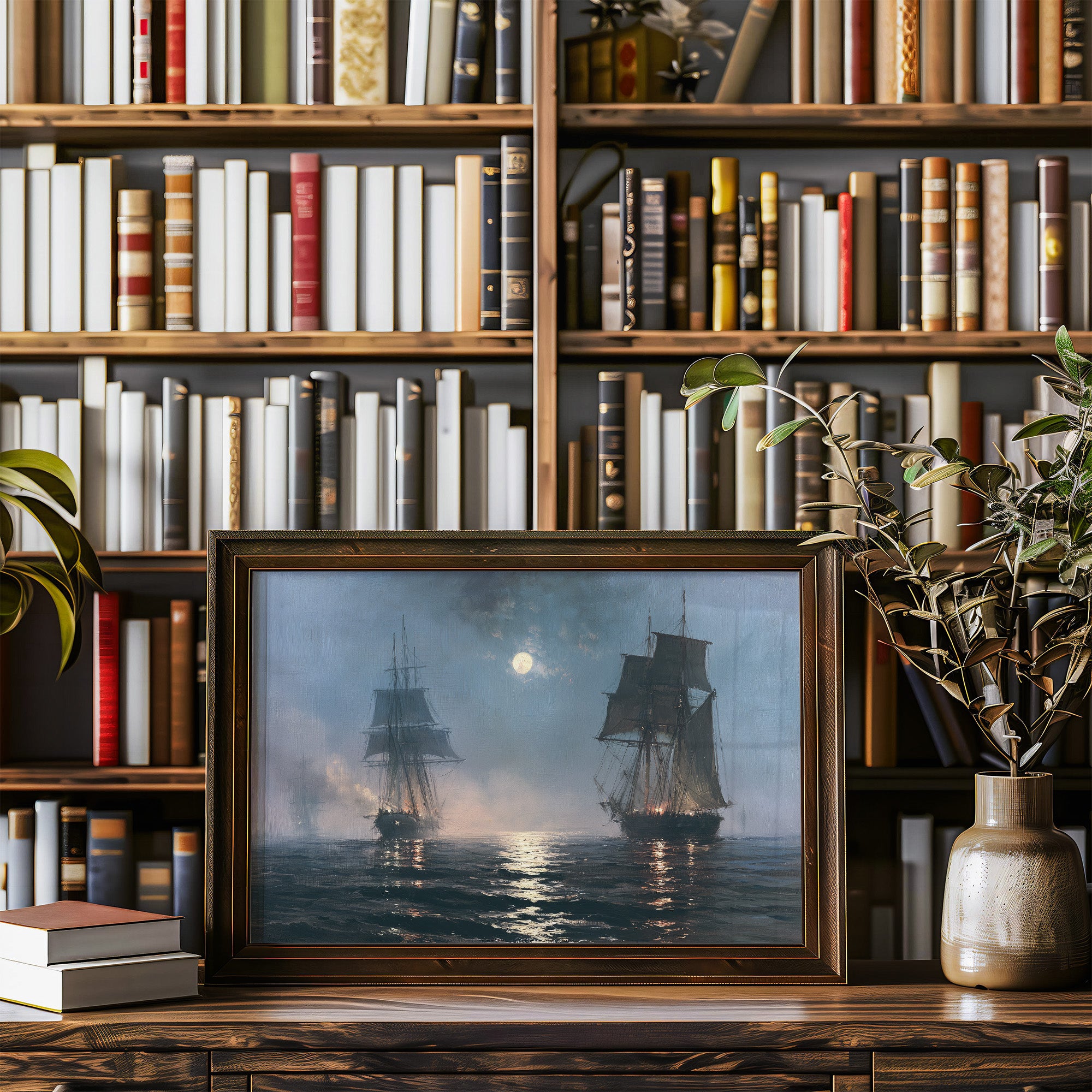 Tall Ships Under a Hazy Moon