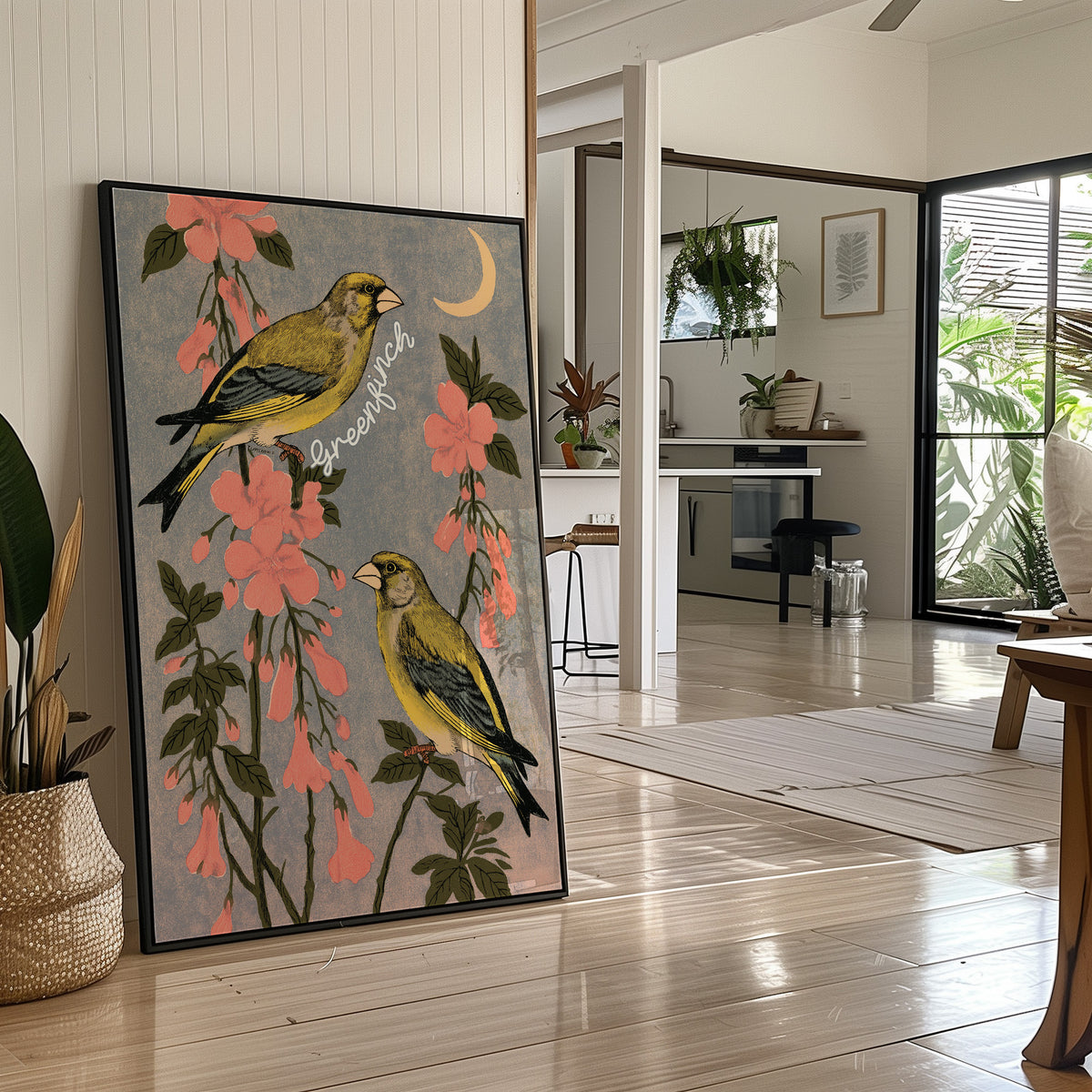 Greenfinches Beneath a Crescent Moon