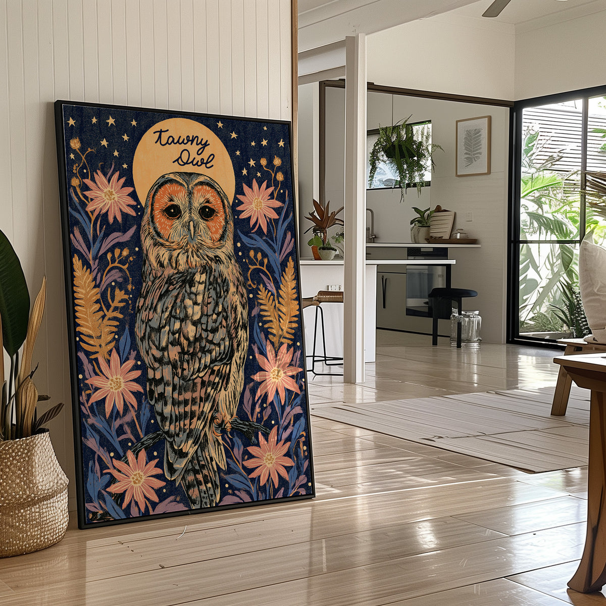 Tawny Owl and Golden Halo Moon
