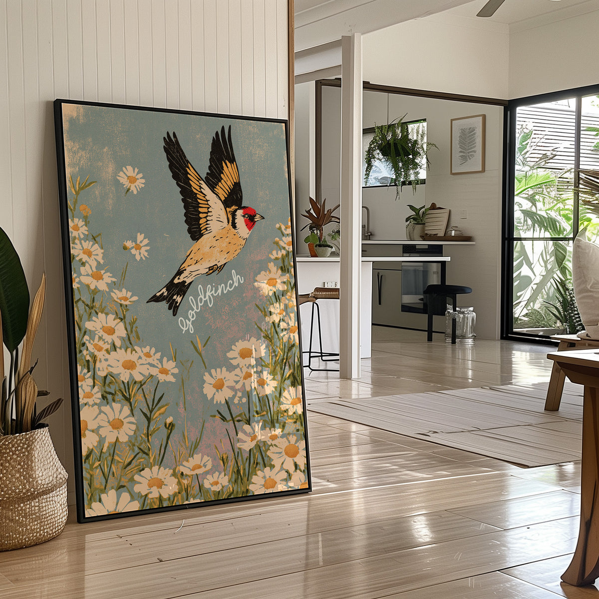 Goldfinch Rising Over Daisies
