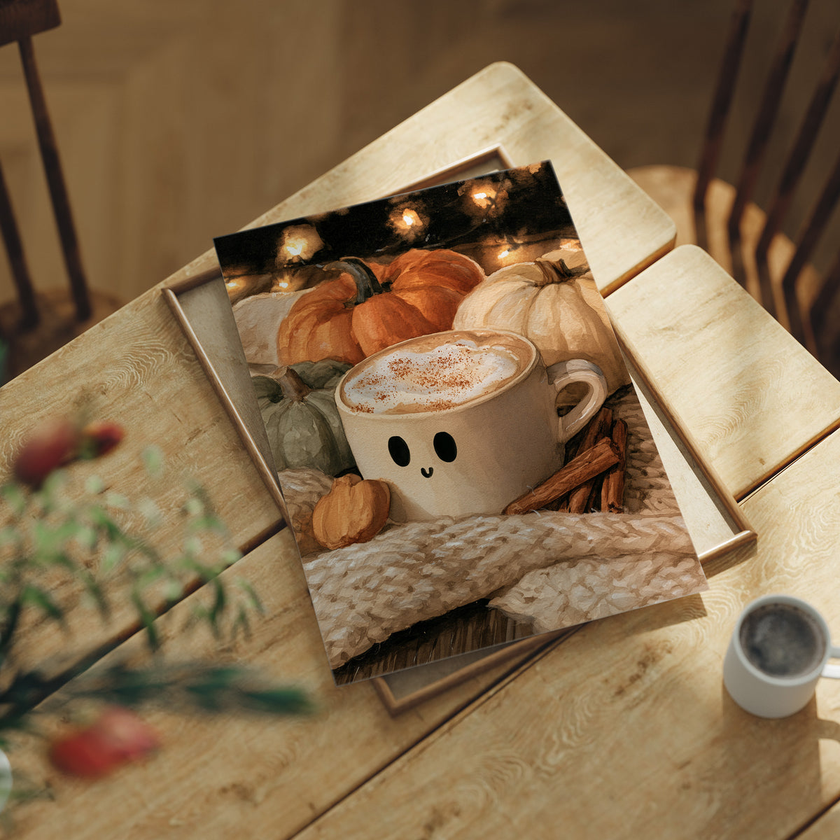 Latte Spirits, Feeling Ghoul, print laid on a wooden table beside a white mug and flowers