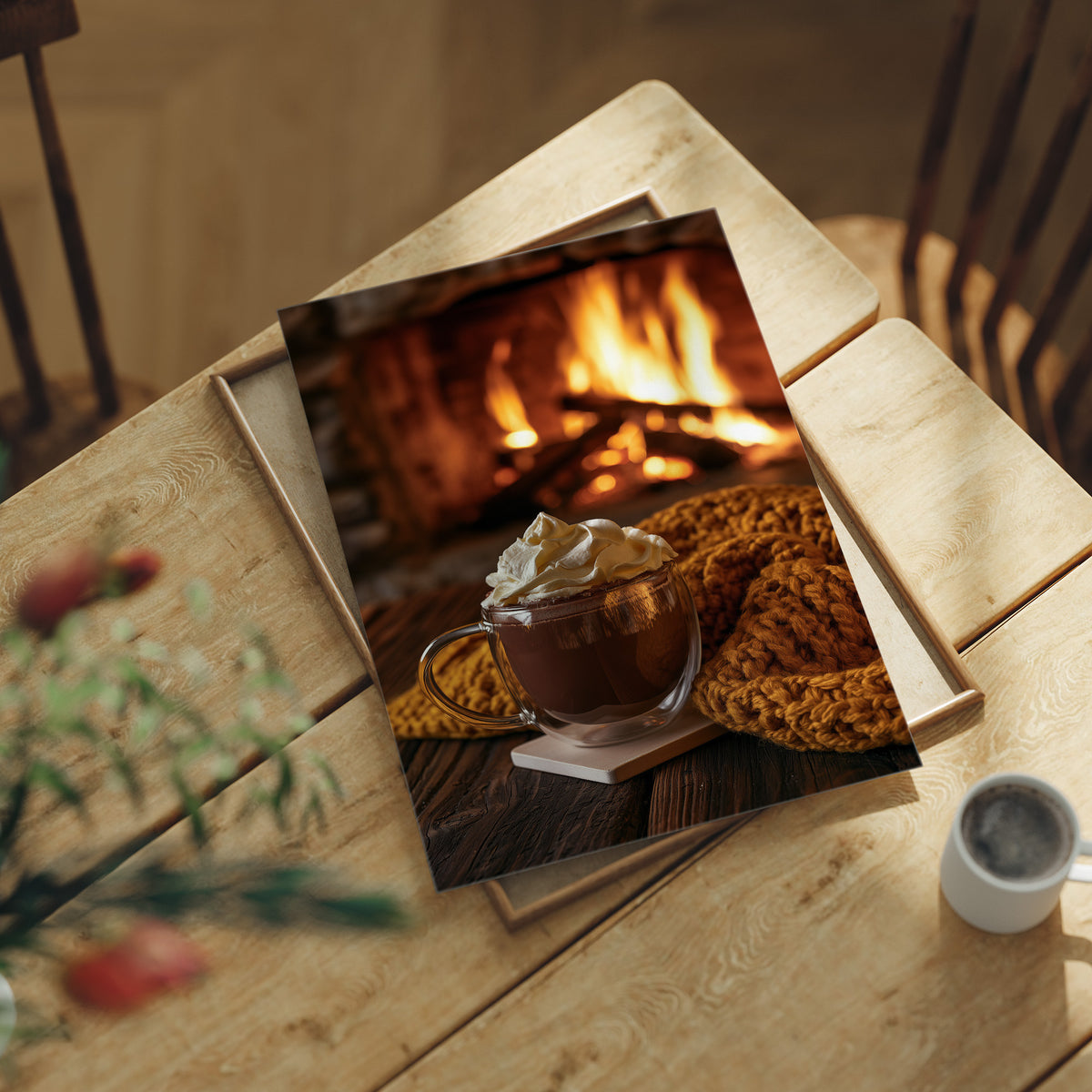 Cocoa Loco By The Fire, print laid on a wooden table beside a white mug and flowers