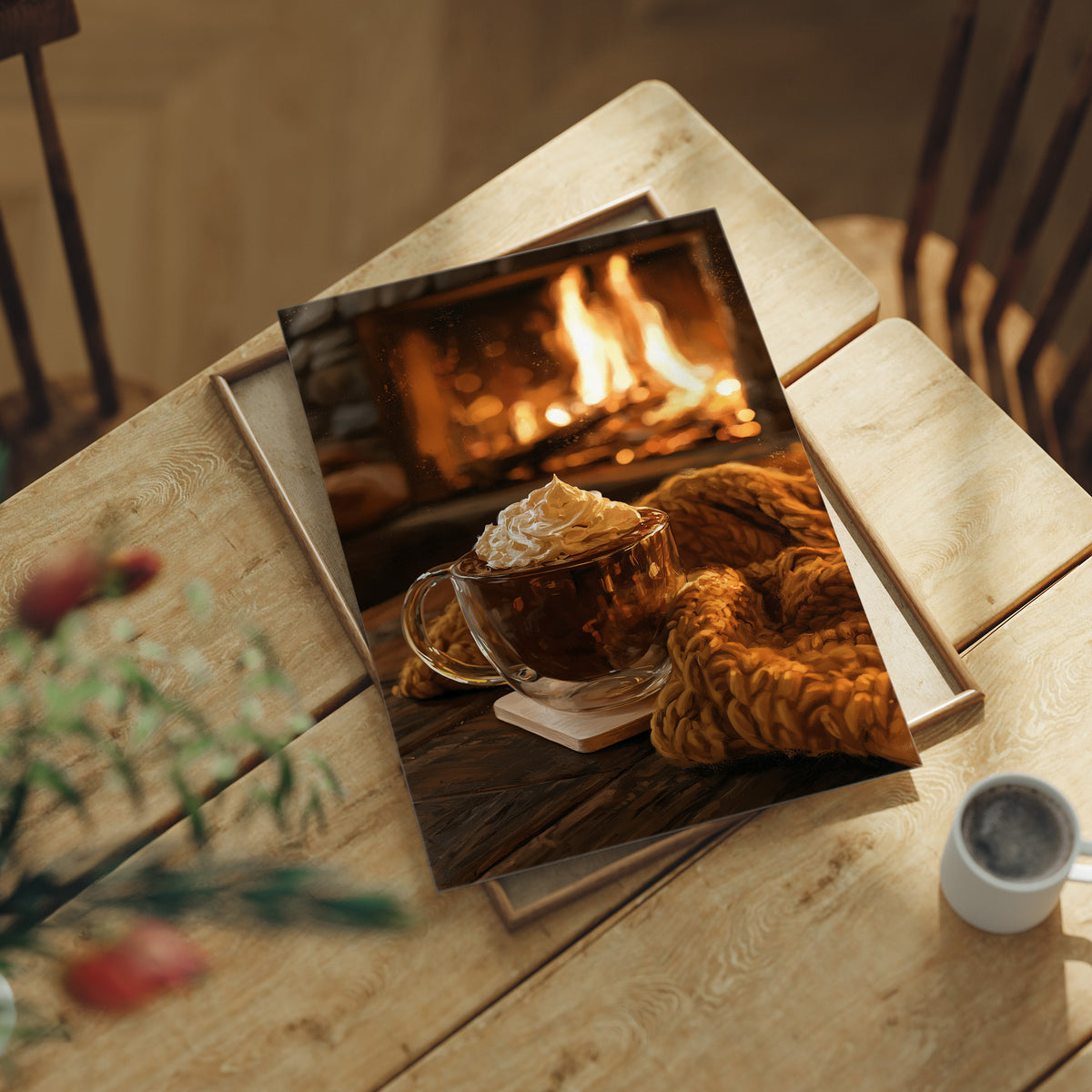 Mocha Ado About Nothing, print laid on a wooden table beside a white mug and flowers
