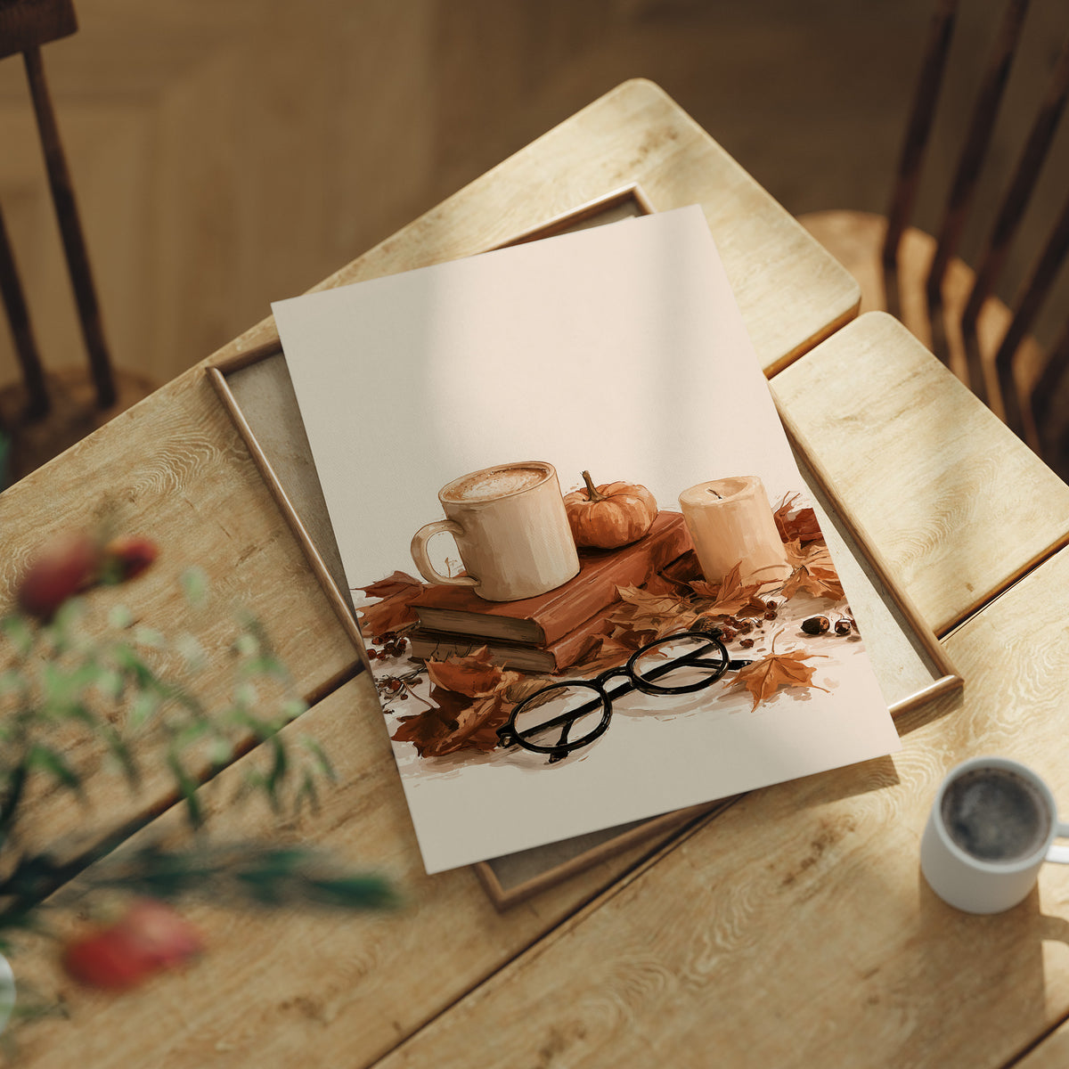 Read Between The Latte Lines, print laid on a wooden table beside a white mug and flowers
