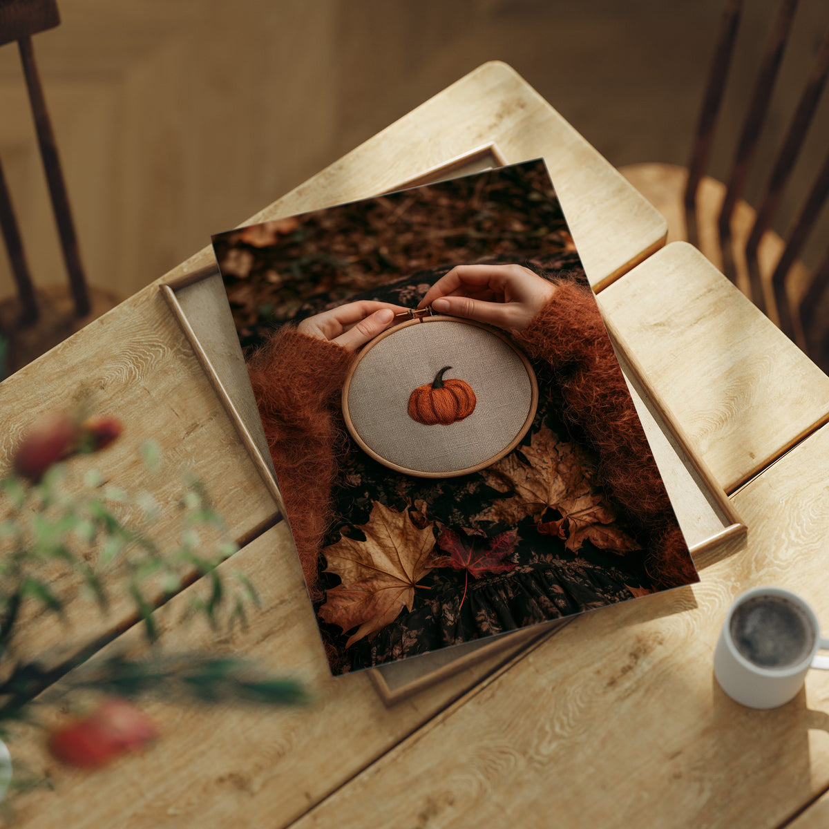Sew Gourd, Sew Gourd, print laid on a wooden table beside a white mug and flowers
