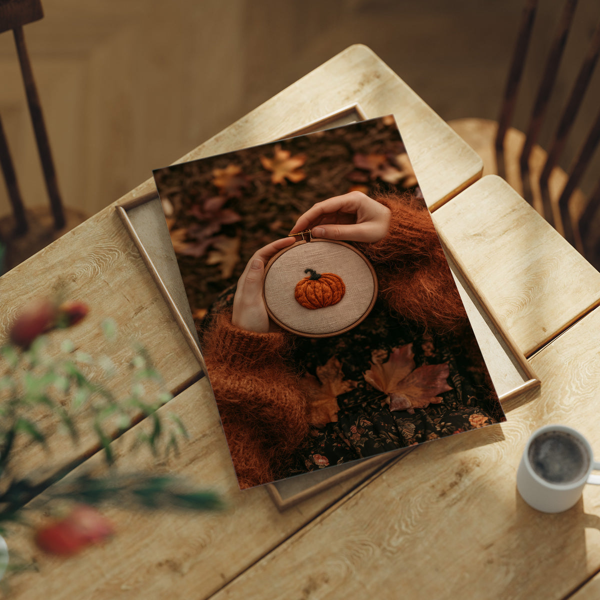 Hoop Dreams, Pumpkin Edition, print laid on a wooden table beside a white mug and flowers
