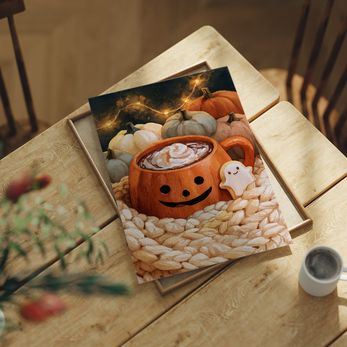 Mug Life: Jack O Latte Edition, print laid on a wooden table beside a white mug and flowers