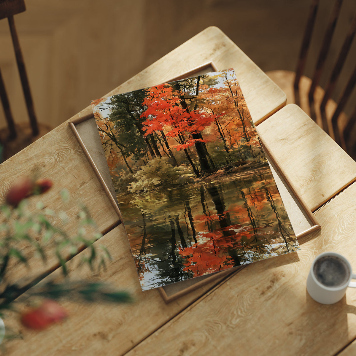 Seeing Red, Reflecting Well, print laid on a wooden table beside a white mug and flowers