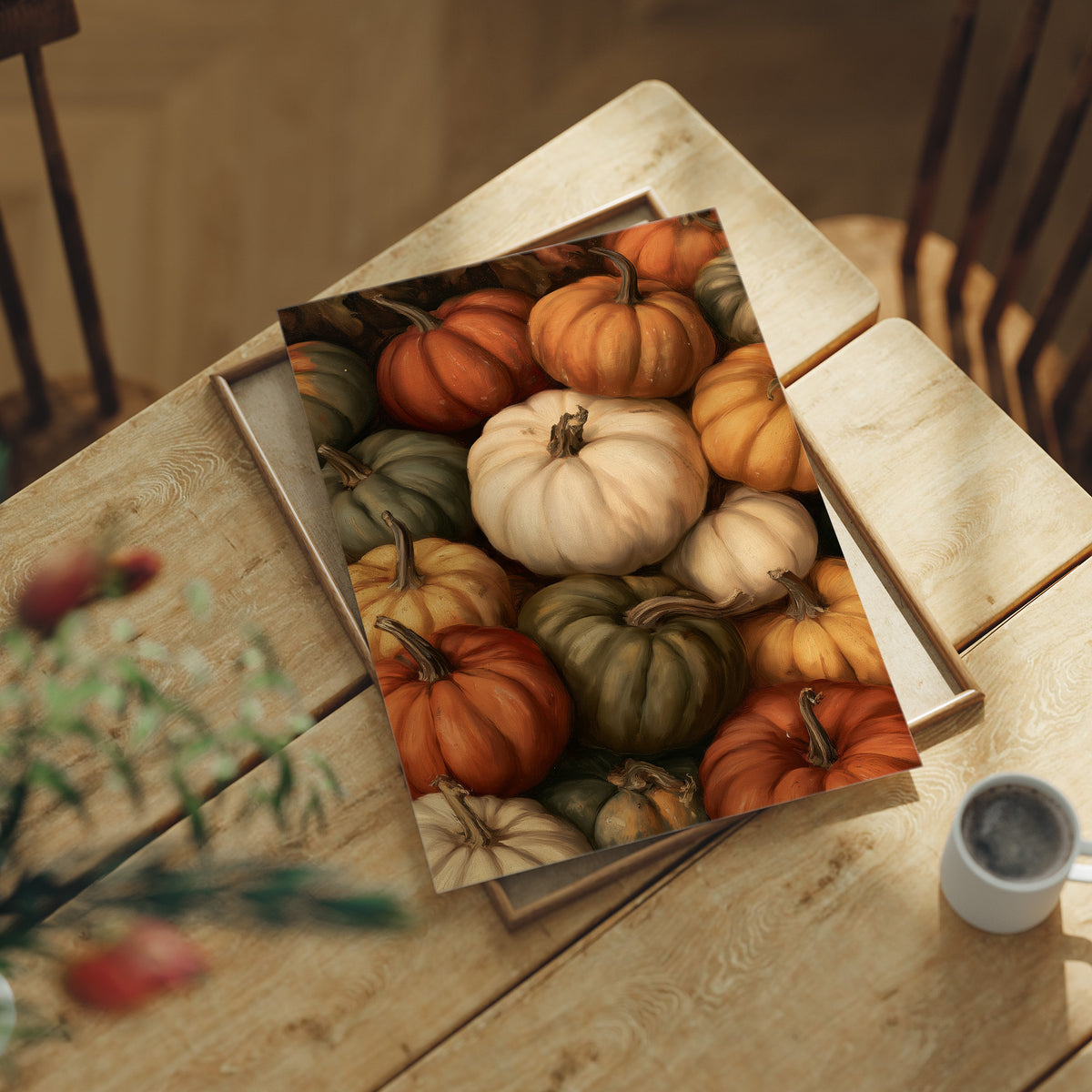 Crowded House, Gourd Edition, print laid on a wooden table beside a white mug and flowers