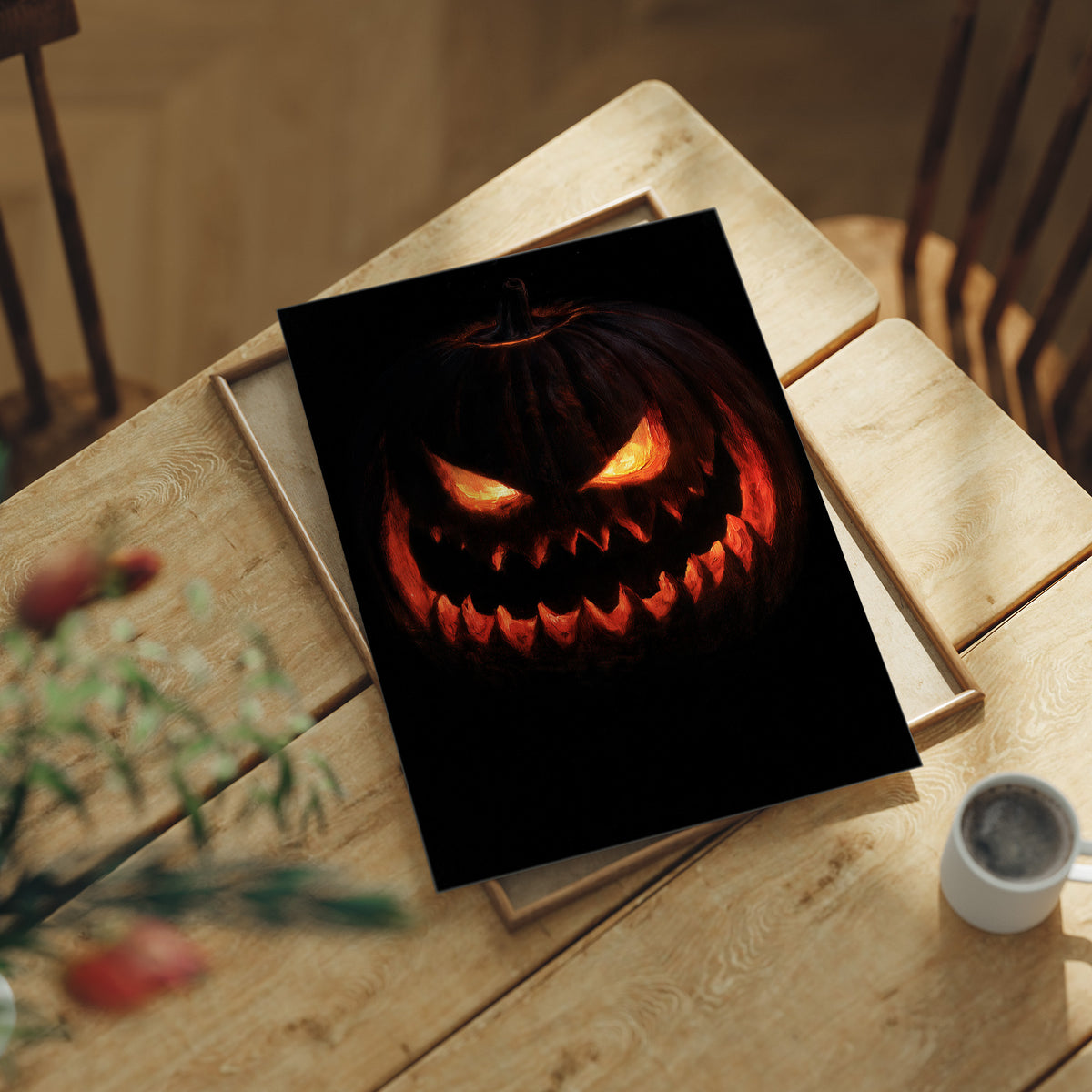 Lit From Within, Not In A Nice Way, print laid on a wooden table beside a white mug and flowers