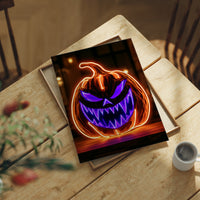 Neon Trouble Brewing, print laid on a wooden table beside a white mug and flowers