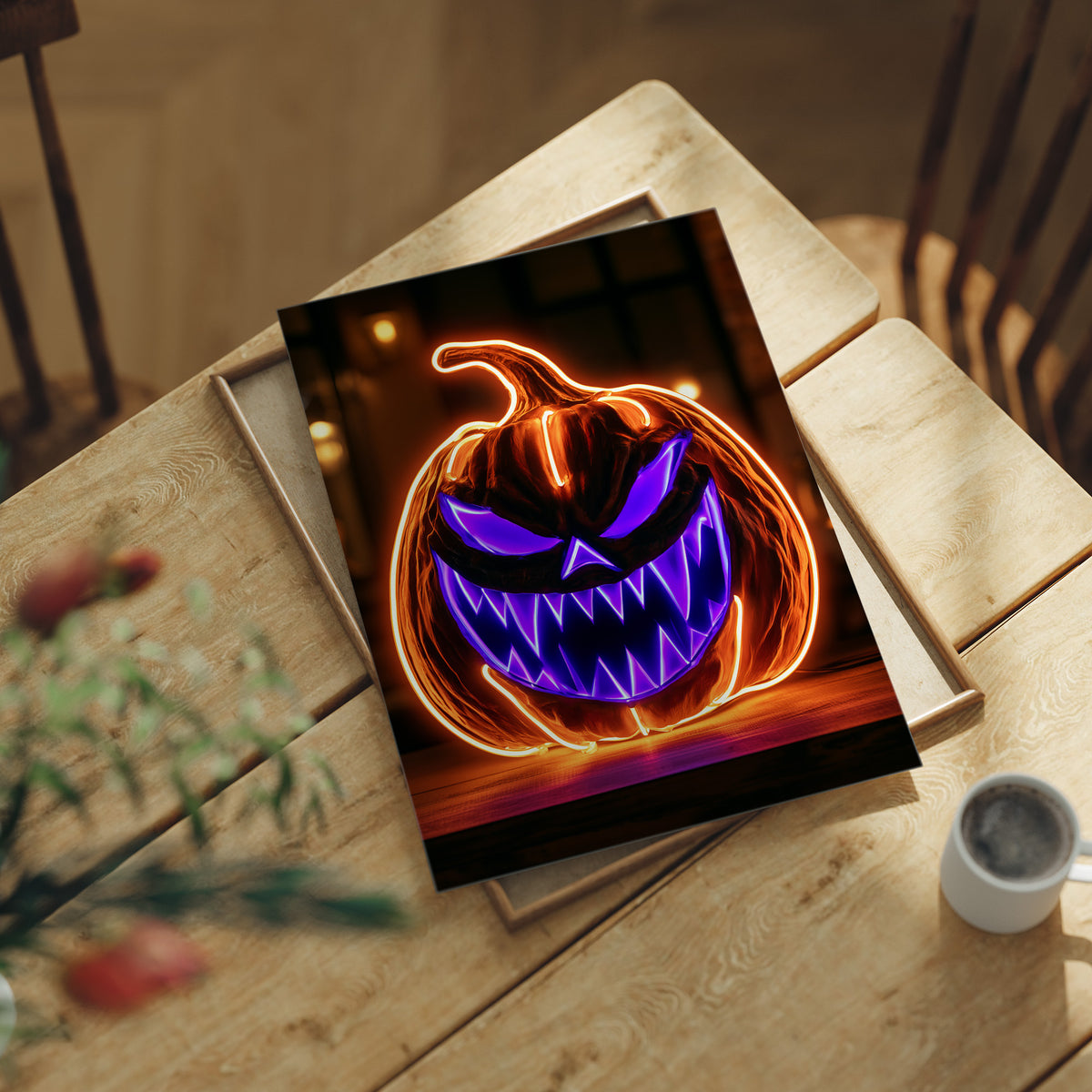 Neon Trouble Brewing, print laid on a wooden table beside a white mug and flowers