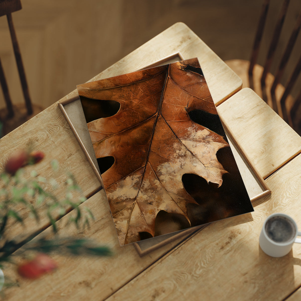Oak ay, Ready For My Close Up, print laid on a wooden table beside a white mug and flowers