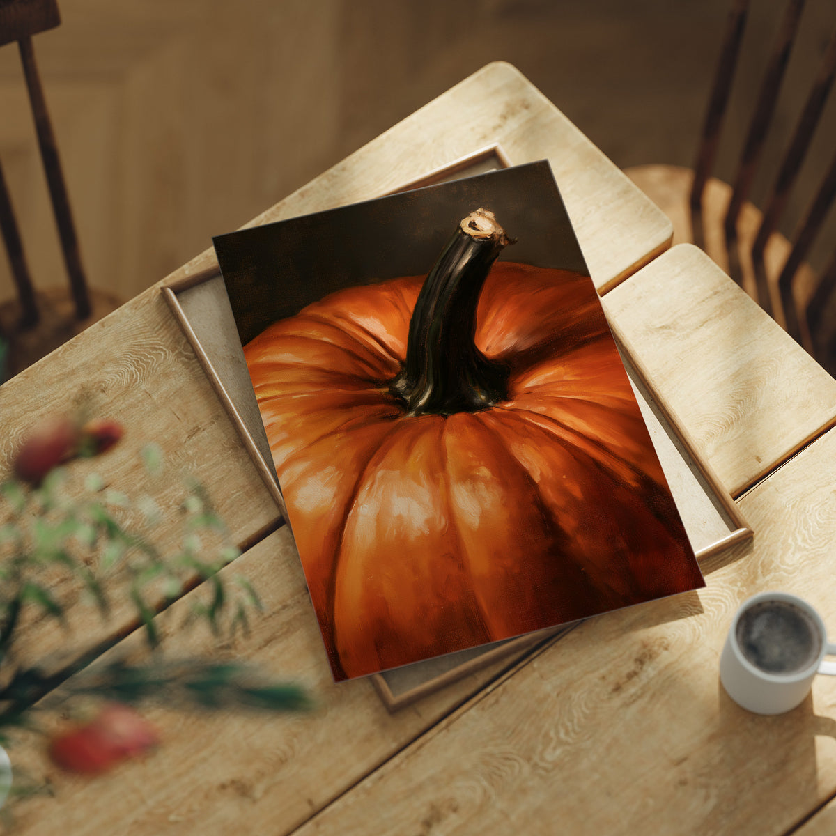 Stem Cell Of The Season, print laid on a wooden table beside a white mug and flowers