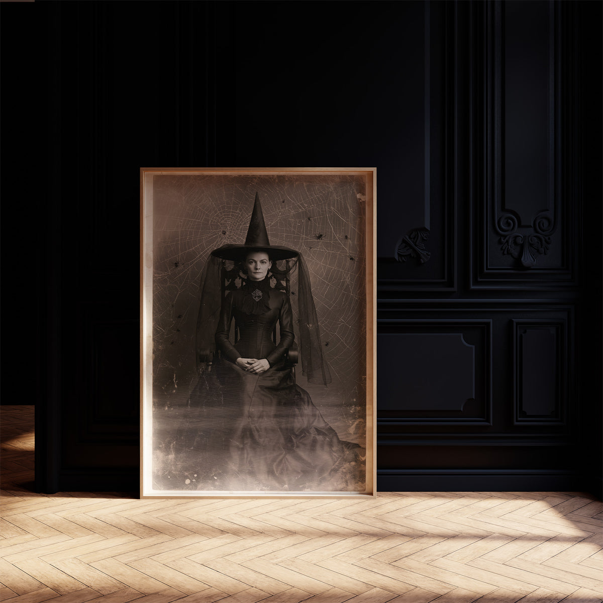 Formal Portrait, Informal Spiders, print laid on a wooden table beside a white mug and flowers