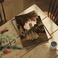 Neighborhood Watch, After Hours, print laid on a wooden table beside a white mug and flowers