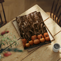 Lineup At The Corn Maze, print laid on a wooden table beside a white mug and flowers