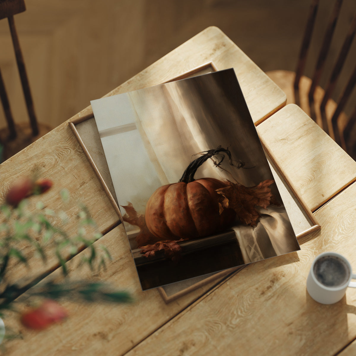Window Seat Reserved For One Gourd, print laid on a wooden table beside a white mug and flowers