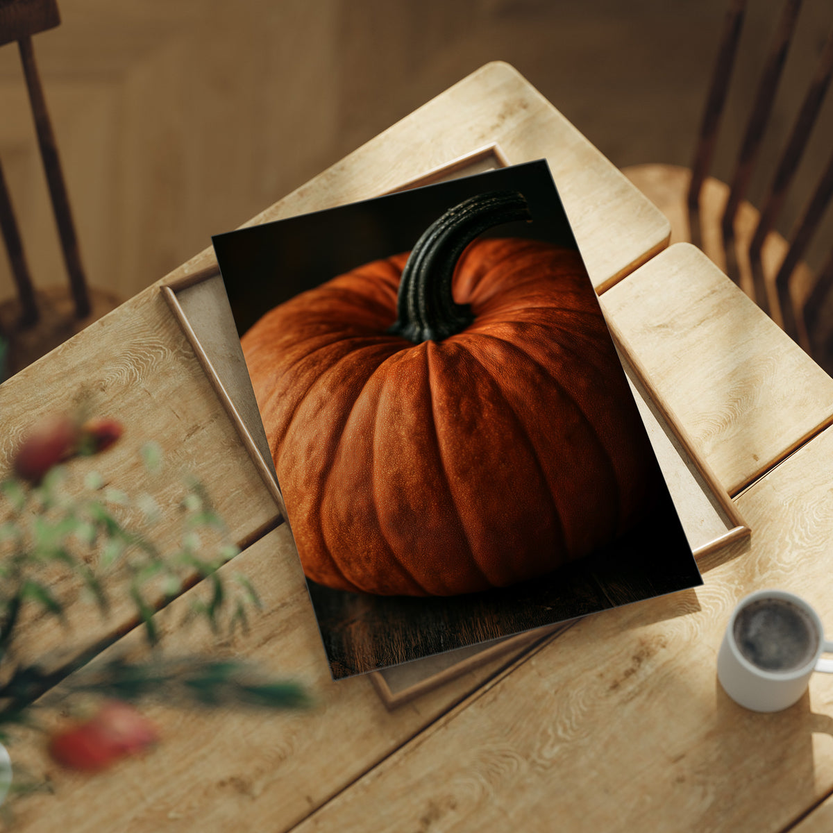 Speckled, Ribbed, And Ready For Its Portrait, print laid on a wooden table beside a white mug and flowers