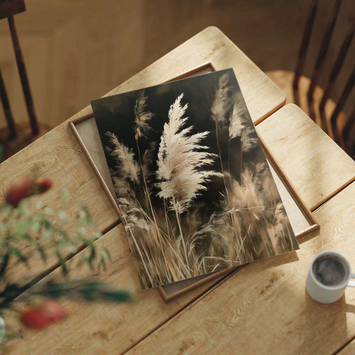 Gone With The Wind, Fluff Included, print laid on a wooden table beside a white mug and flowers