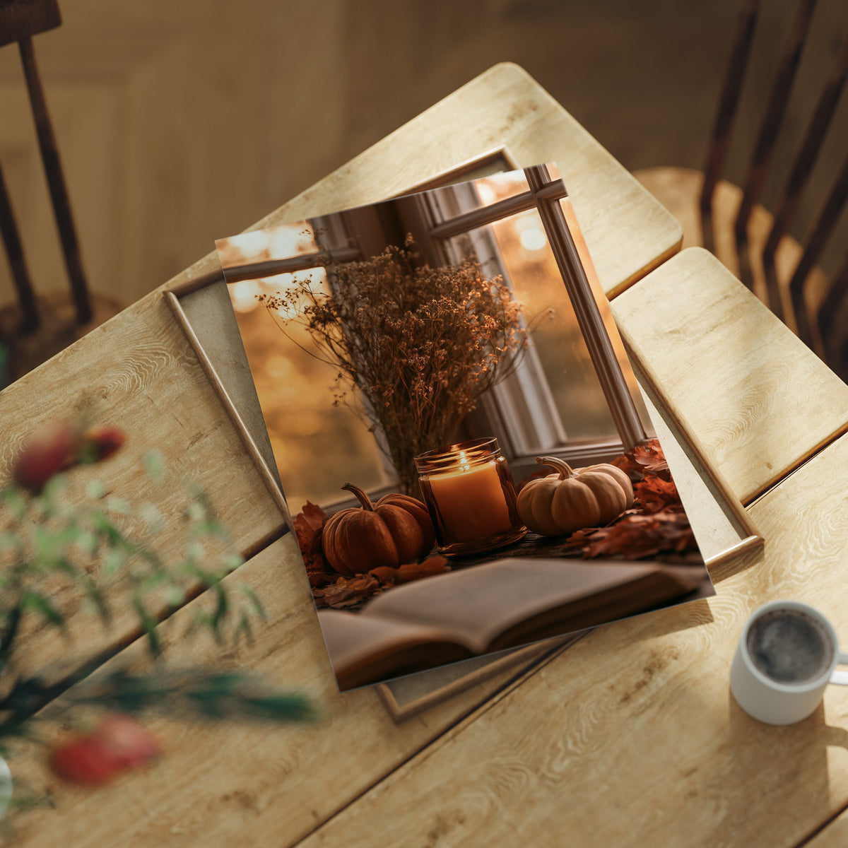 Candle Lit, Chapter Pending, print laid on a wooden table beside a white mug and flowers
