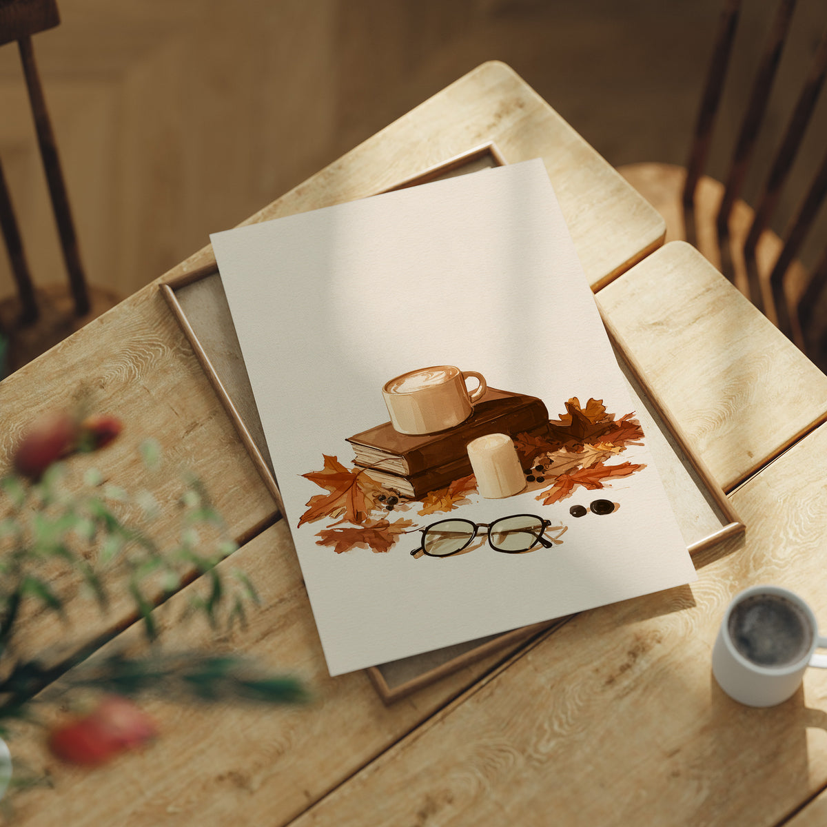 Brewed Awakening Between Chapters, print laid on a wooden table beside a white mug and flowers