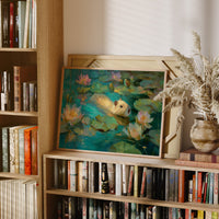 Golden Swimmer Among Water Lilies
