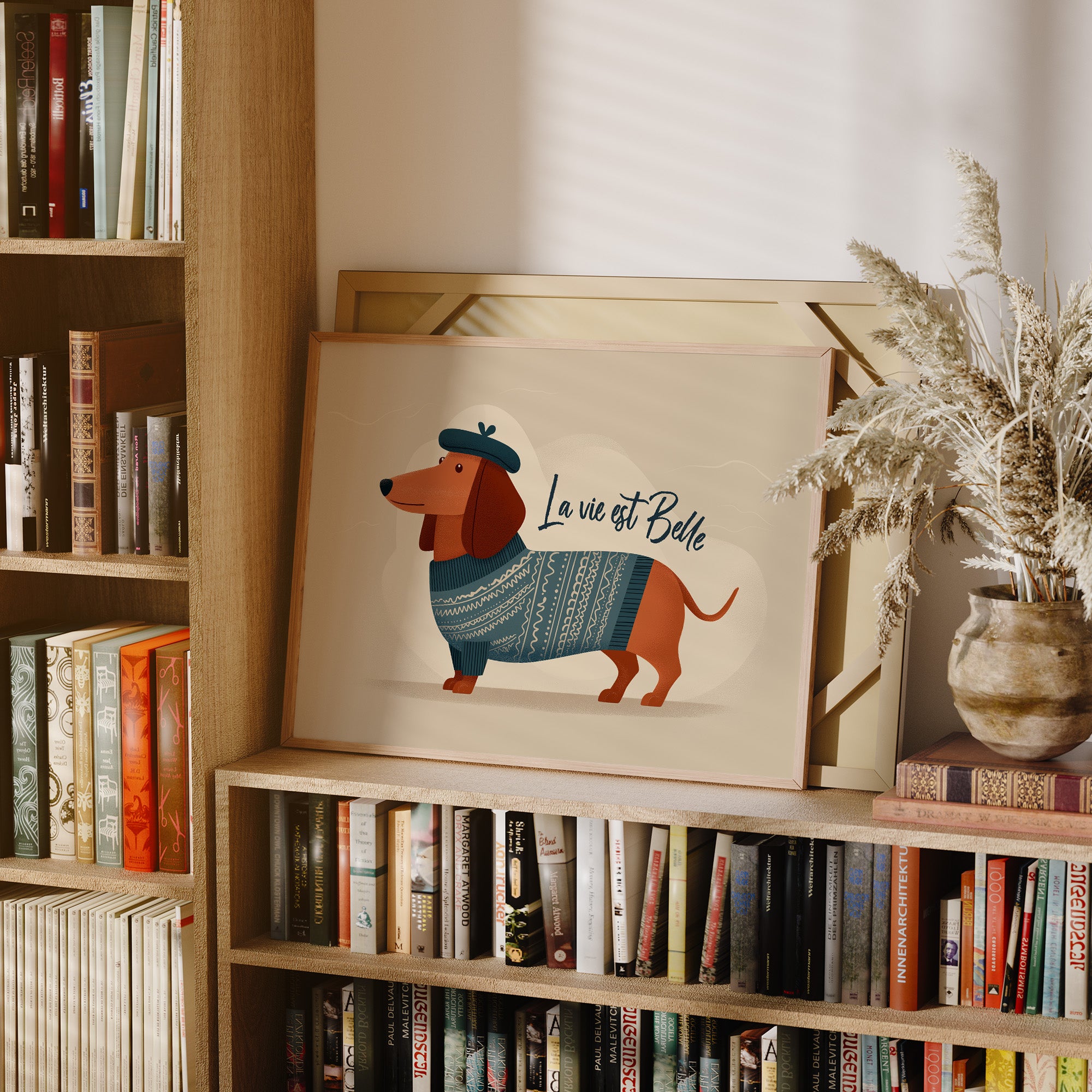 La Vie Est Belle Canvas Art | French Dachshund in Beret & Sweater Print for Living Room, Office or Dog Lover Décor