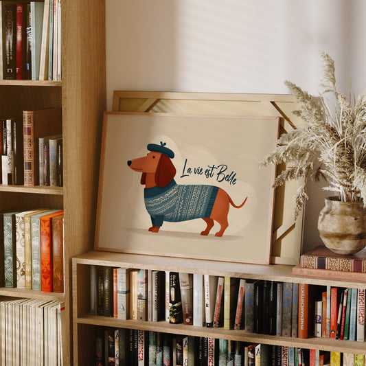 La Vie Est Belle Canvas Art | French Dachshund in Beret & Sweater Print for Living Room, Office or Dog Lover Décor