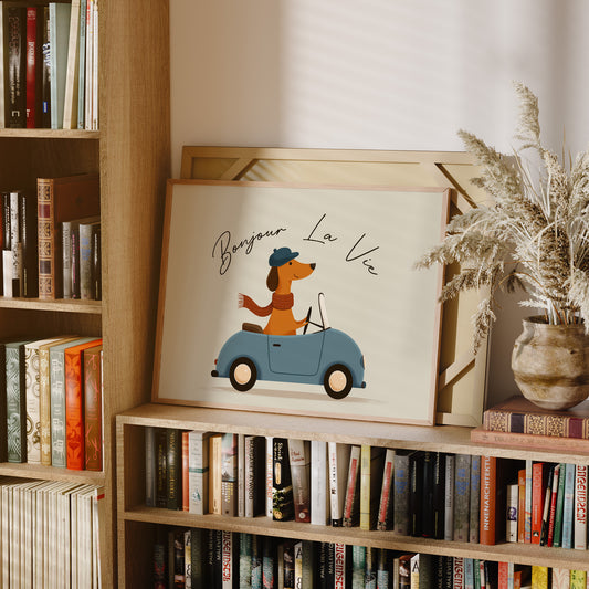 Bonjour La Vie Canvas Art | French Dachshund Driving Convertible Print for Living Room, Office or Dog Lover Décor