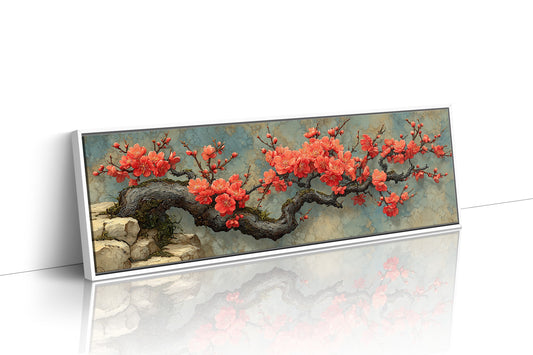 Crimson Blossoms On Ancient Wood