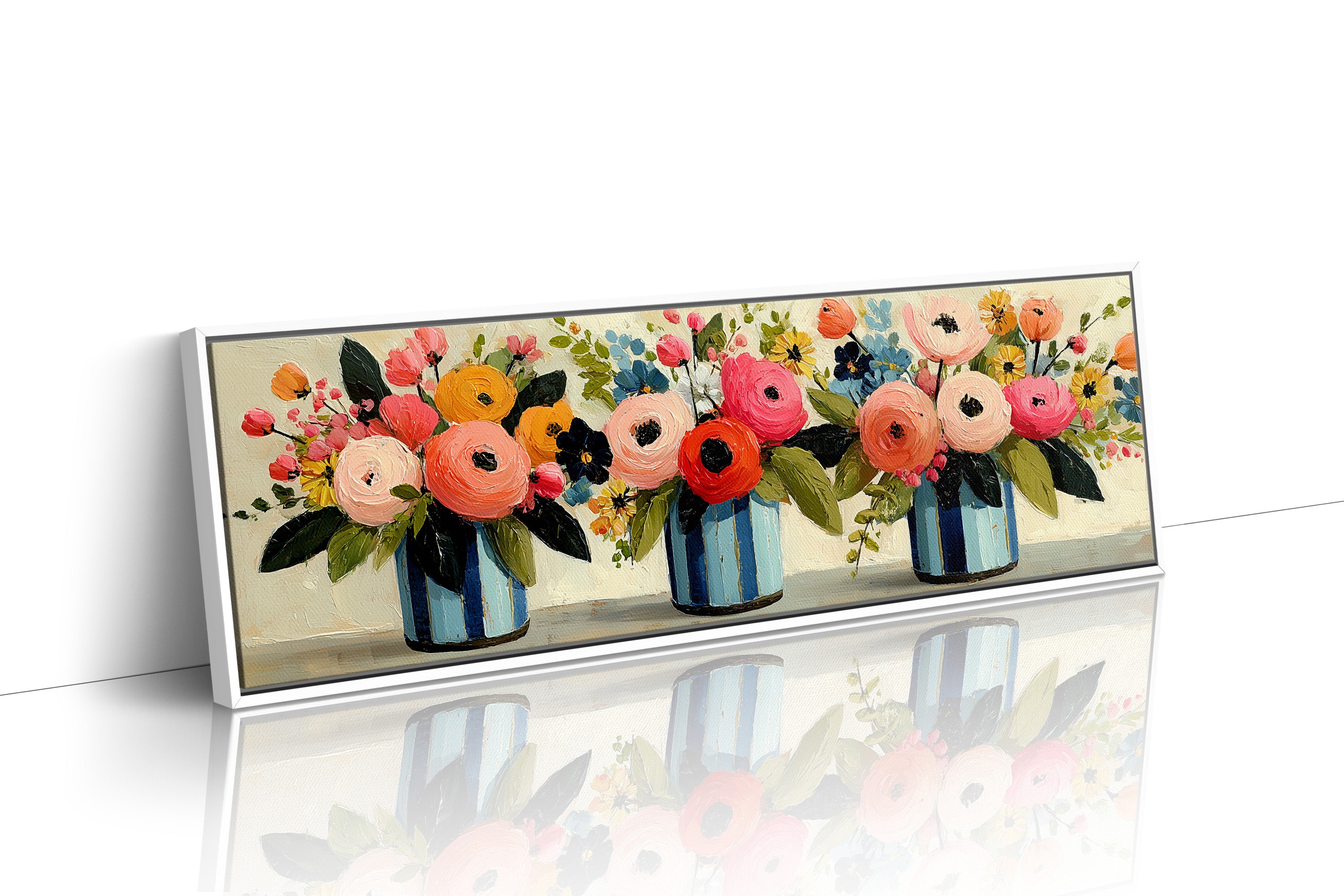 Blooms In Striped Blue Vases