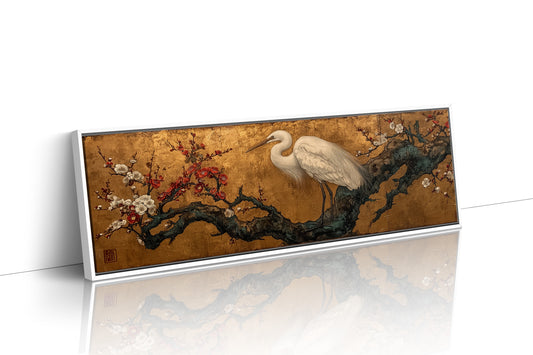 Egret Among Crimson Plum Blossoms