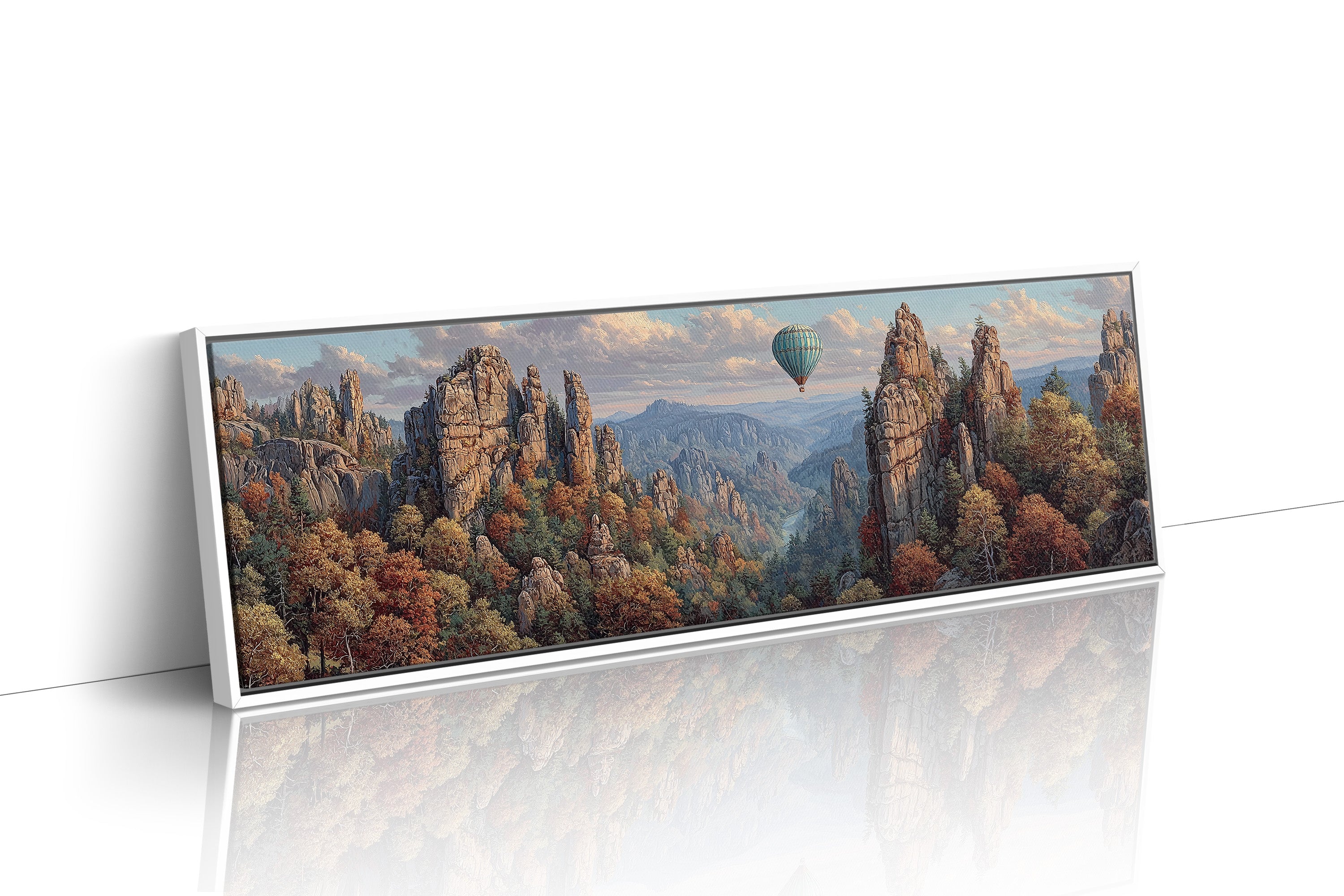 Hot Air Balloon Over Autumn Cliffs