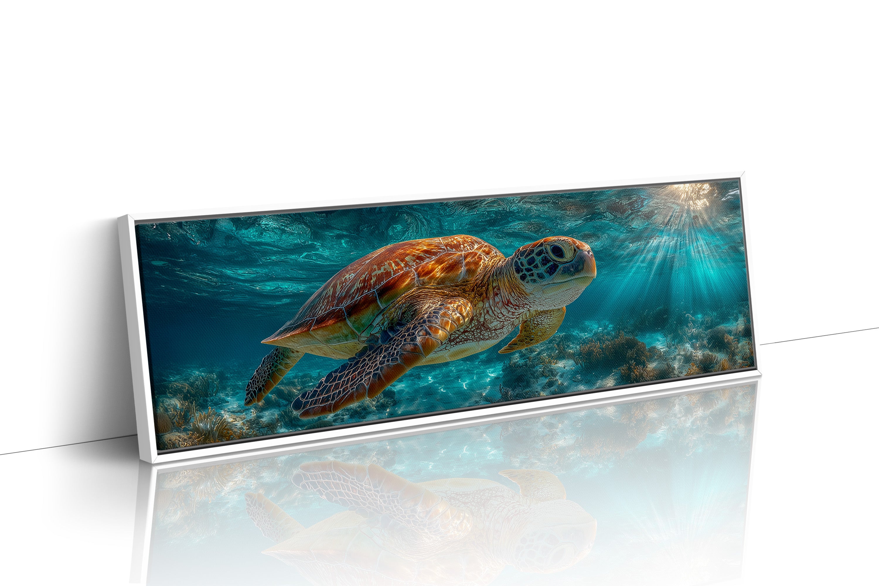 Sea Turtle Swimming In Sunlit Ocean