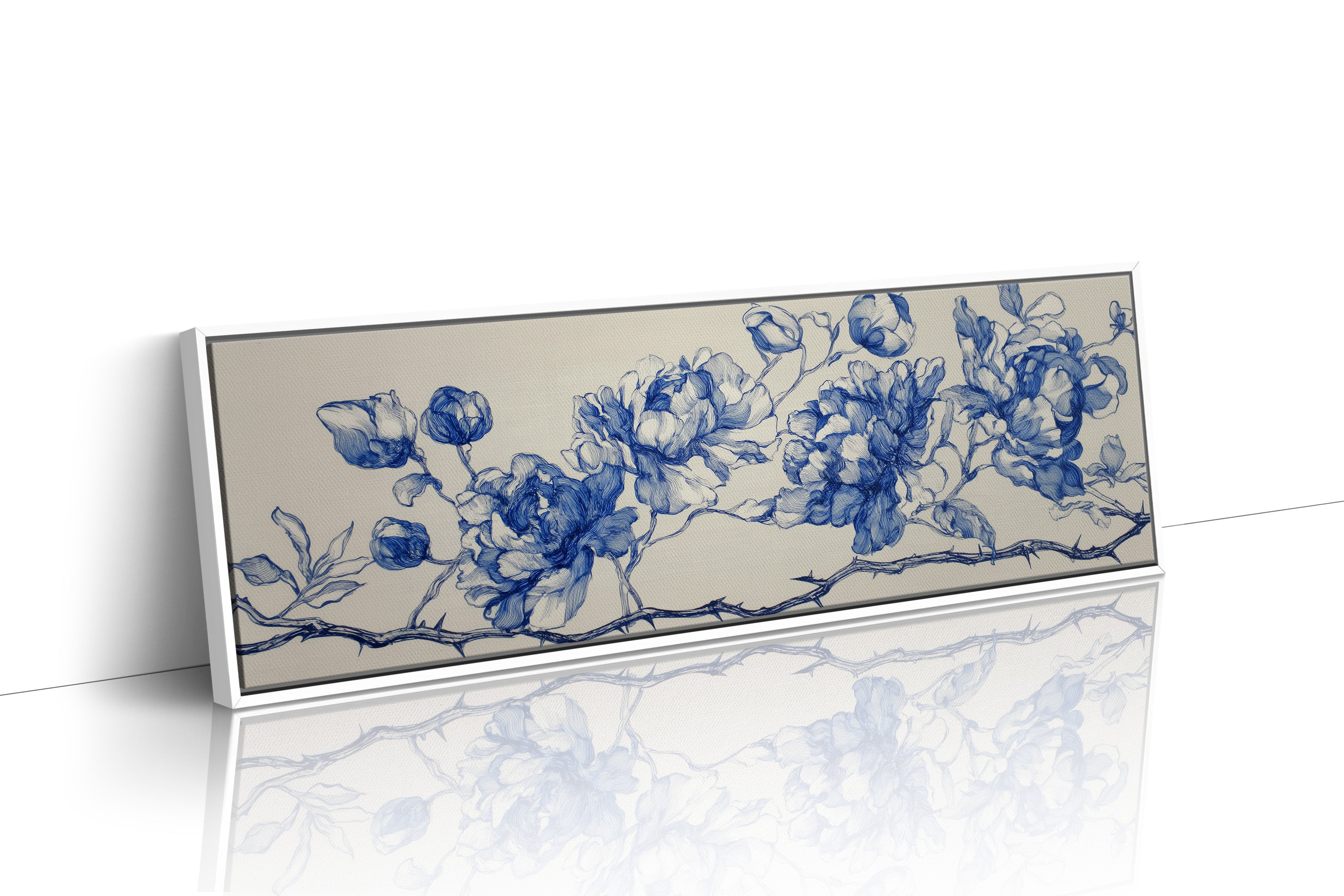 Blue Ink Roses On Thorned Vine