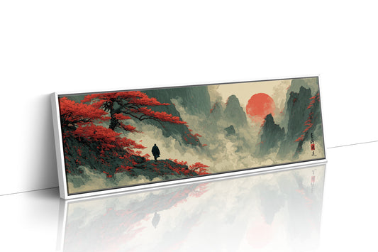 Red Sun Over Misty Mountain Peaks