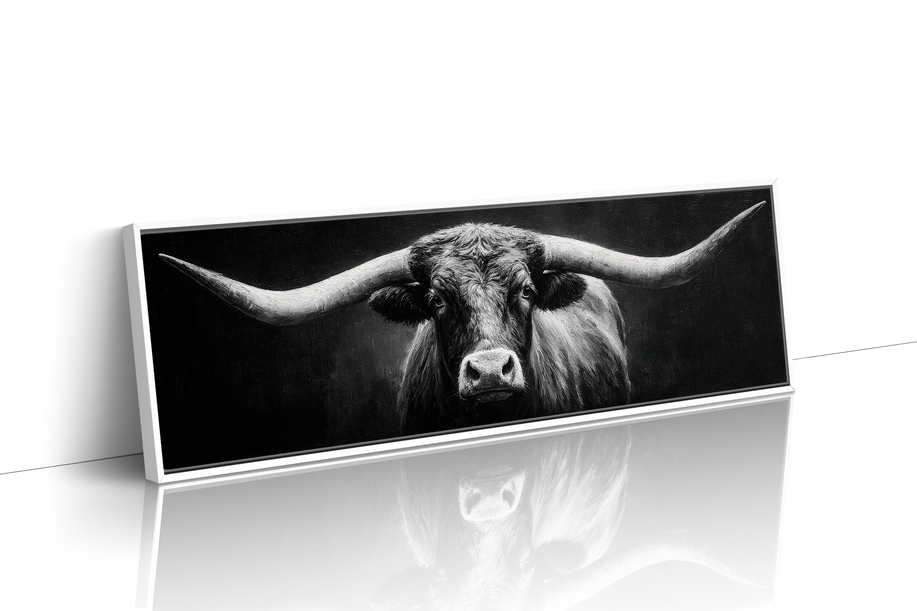 Black and White Longhorn Portrait on Dark Background