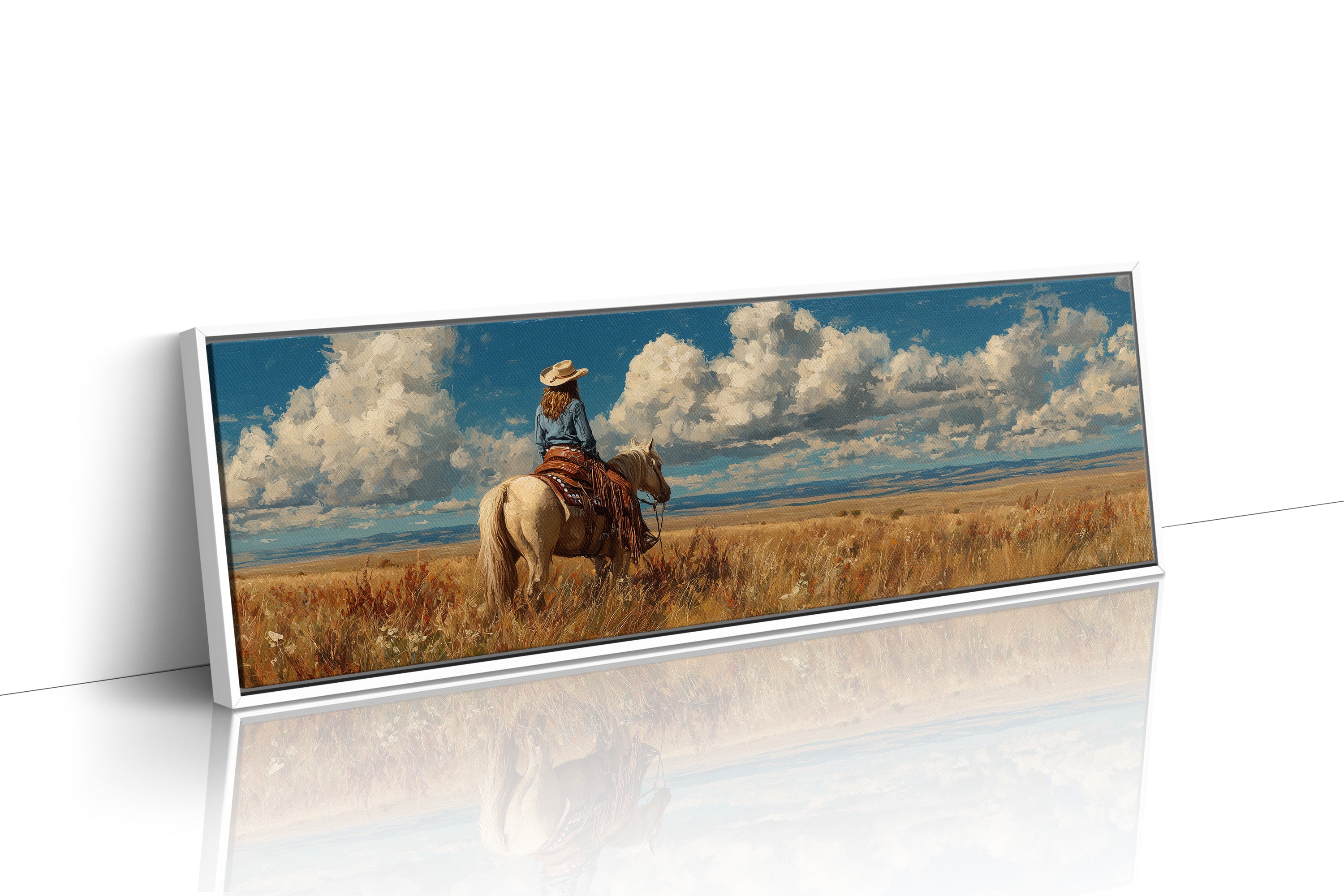 Cowgirl on Horse Overlooking Wide Western Prairie