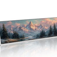 Sunlit Mountain Peaks at Dawn Over Frosted Forest